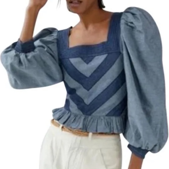 HP 🎉 Love The Label Anthropologie Smocked Puff Sleeve XXS P Blue Chevron Denim - Picture 2 of 10
